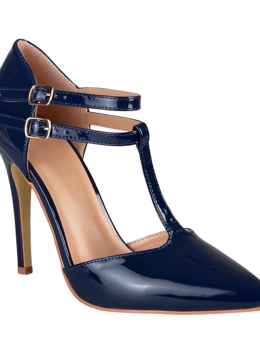 Journee Collection Navy Patent T-Strap Pointed Toe Heels